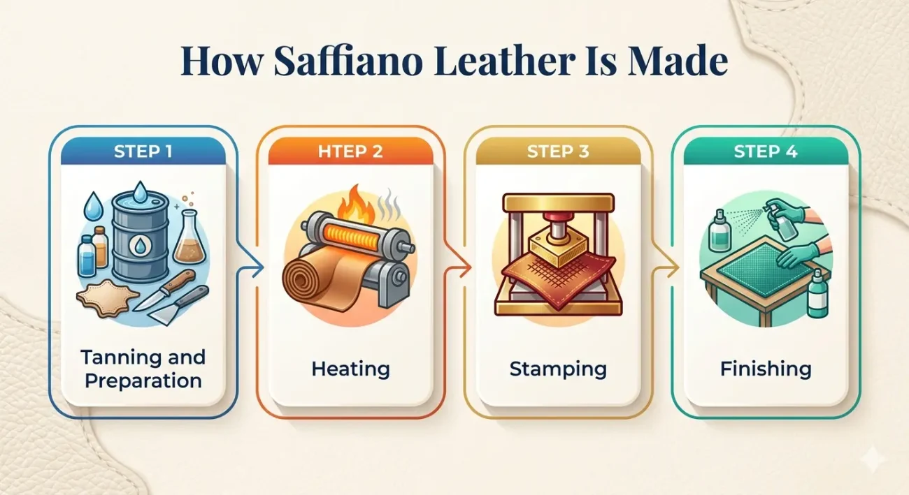 An infographic showing the stages: Tanning, Heating, Stamping, and Finishing for Saffiano leather.