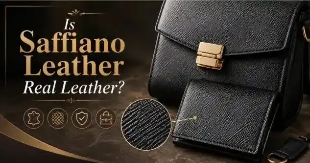 Black structured bag and matching wallet answering the common consumer question of what is Saffiano leather and whether it is real genuine leather.