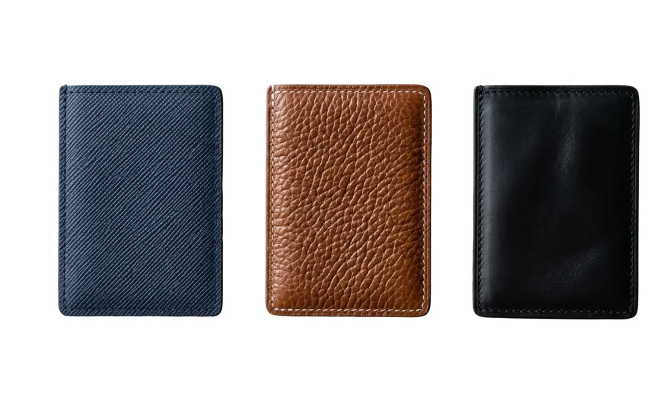 Three leather wallets compared, highlighting the appearance of What Is Saffiano Leather vs. others.
