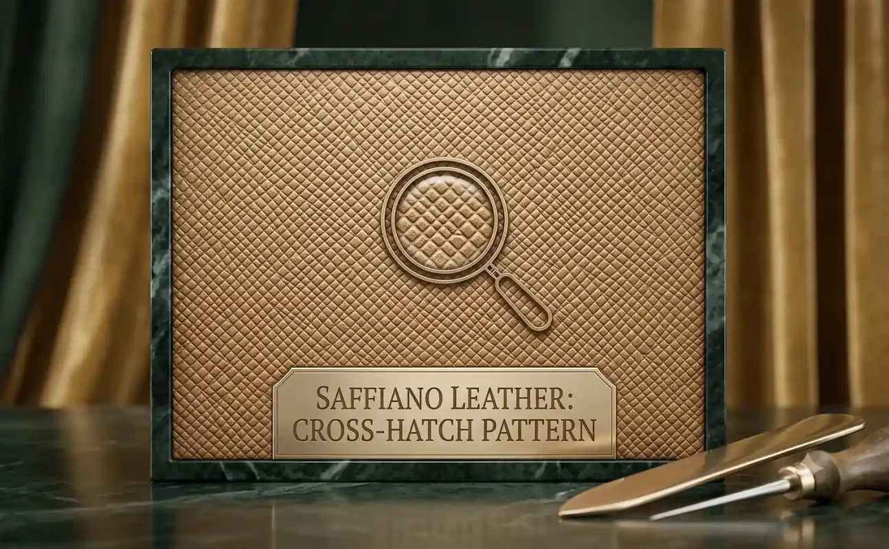Close-up view of the signature cross-hatch pattern under a magnifying glass, illustrating exactly what is Saffiano leather and its unique geometric texture.