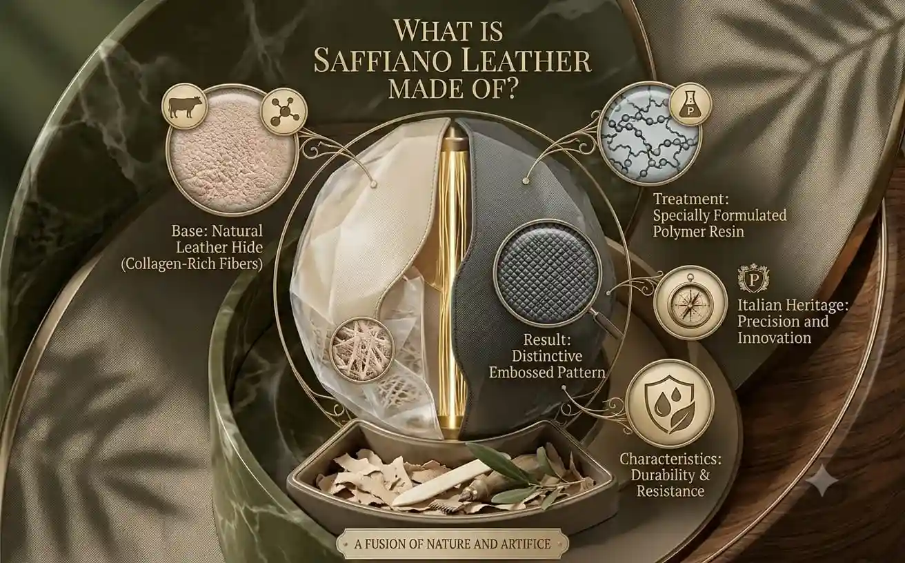 Visual breakdown of the natural hide base and polymer resin coating, answering the question of what is Saffiano leather made of.