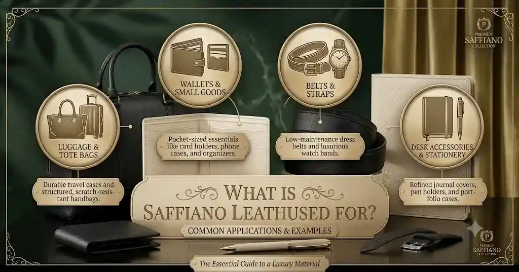 Collection of luxury belts, luggage, and desk accessories showing common applications and exactly what is Saffiano leather used for.