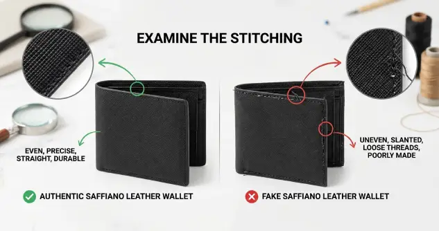 How to Spot a Fake Saffiano Leather Wallet: Examine the Stitching
